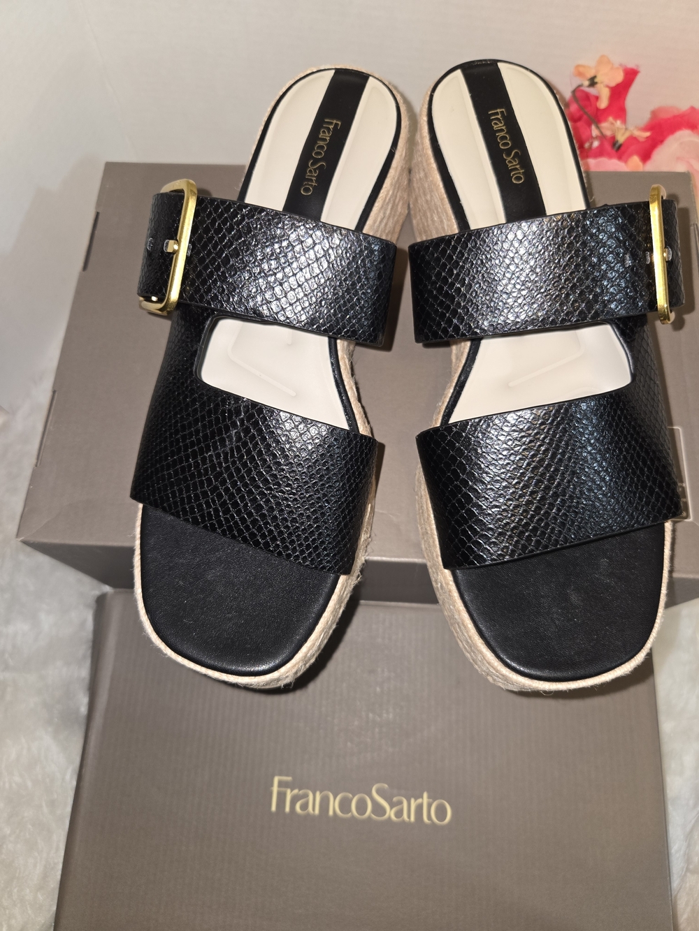 Franco Sarto Black Snakedkin Platform Wedge Sandals